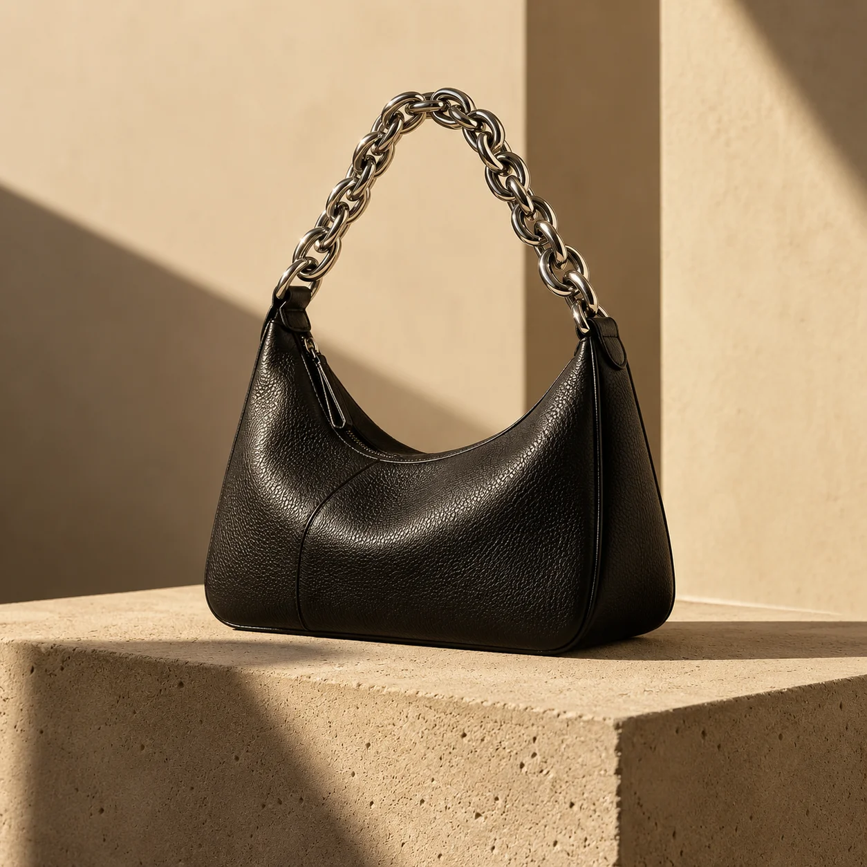 Concepto editorial de bolso negro con cadena plateada sobre un pedestal