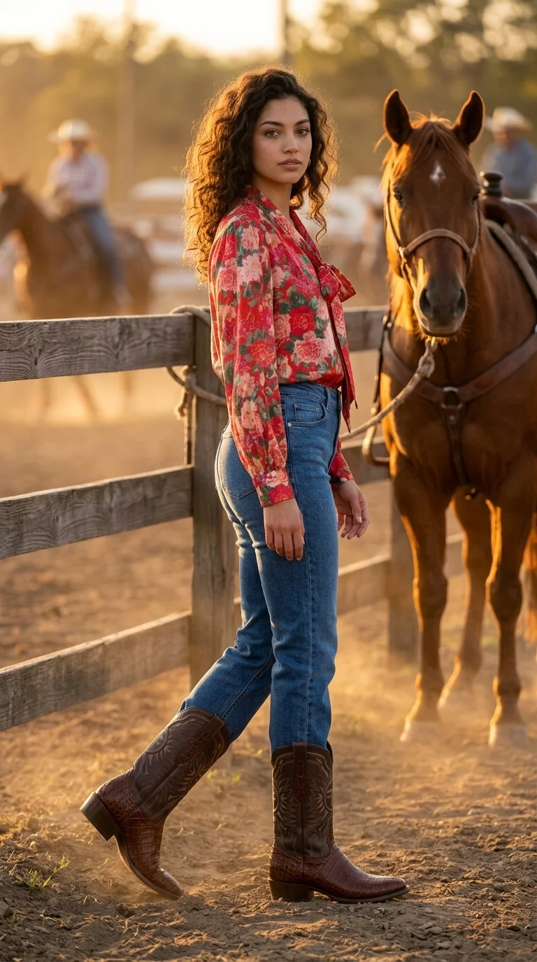 Ejemplo editorial de moda: modelo con blusa floral, jeans y botas en una escena ecuestre